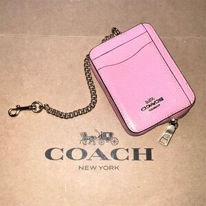 COACH Pink Leather Zip Card Case Wallet with Gold Hardware & Chain AUTHENTIC